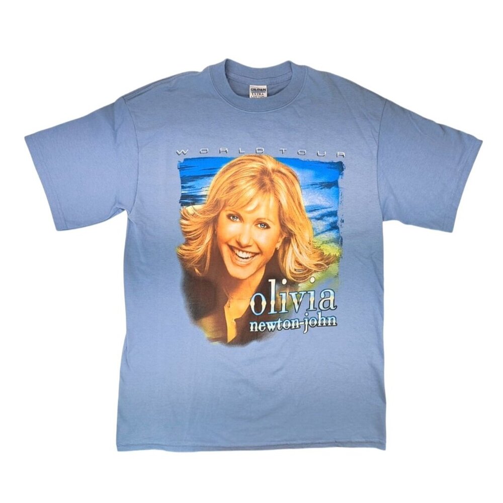 Vintage Olivia Newton-John World Tour T-Shirt Gildan Blue Medium Double Side New